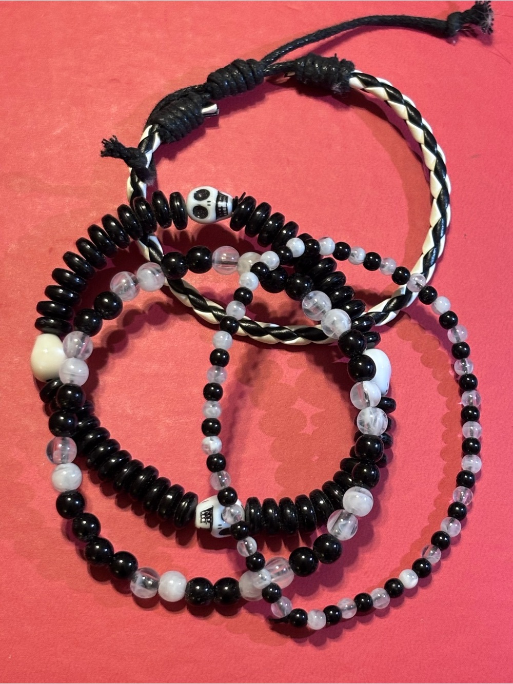 Lot Of Black And White clear And Braided Bracelets with Skull Accents, cord
